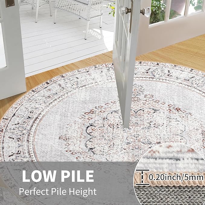 Easy-Going Round Area Rug 3ft Washable Boho Small Circle Rugs for Living Room Non-Slip Bedroom Rug Low Pile Lightweight Vintage Distressed Throw Rug for Dining Room Kitchen Home Office, Grey Brick