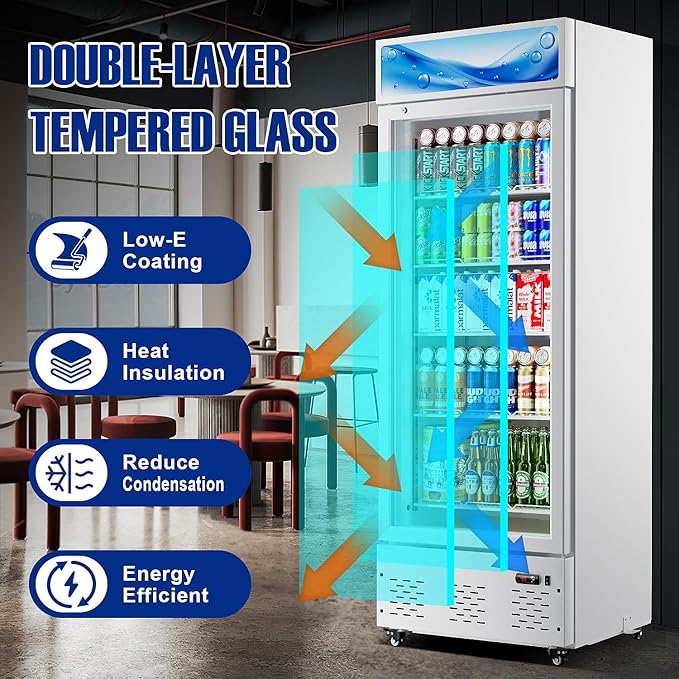White Commercial Glass Door Display Refrigerator 15 Cu.ft Cooler Beverage Refrigerators with LED Light and 5 Shelves for Cafe Restaurant Store Bar
