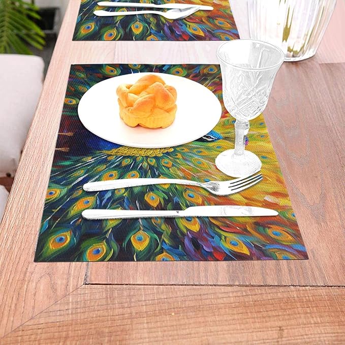 Beautiful Peacock Placemats Set of 4 Linen Washable Heat-Resistant Cute Kitchen Table Mats for Dining Outdoor Farmhouse Holiday Home Decor 12x18 Inch