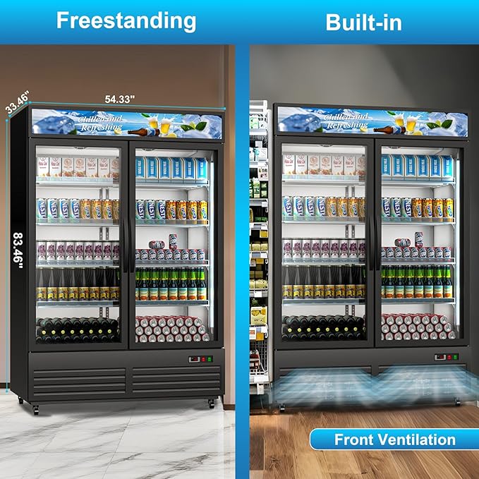 Commercial Beverage Refrigerator with 2 Glass Door, 41.3 Cu.Ft Display Fridge Beverage Cooler with Customizable Lightbox Adjustable Shelves, Drink Fridge Merchandiser for Restaurant Shop, Black