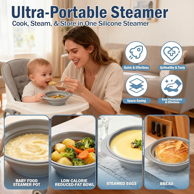 44oz Gray Silicone Steamer Microwave, Collapsible Vegetable Steamer Microwave with Magnetic Lid, Space-Saving Design, Dishwasher Safe Silicone Bowl for Cooking Veggies, Dumplings, Healthy Cooking
