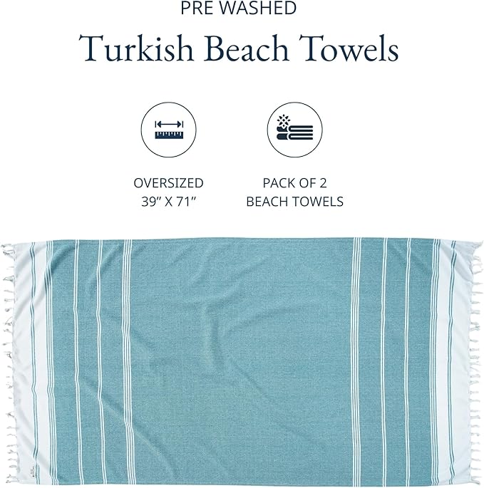 LANE LINEN Turkish Beach Towels, 2 Pack Extra Large Beach Towel, Pre-Washed for Soft Feel, Oversized Sand Free Quick-Dry Pool Towel, Beach Towels for Adults, 39"x71" - Baltic