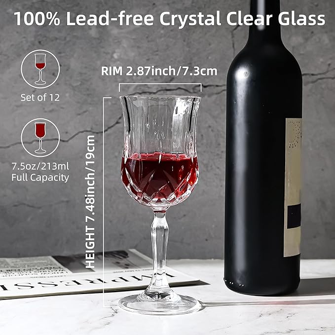 Wine Glasses Set of 12, 7.5Oz Crystal Clear Cordial Glasses with Stem, Vintage Embossed Cordial Glasses, Goblet Glassware for Wine, Whiskey, Liqueur, Perfect for Party, Wedding, Anniversary