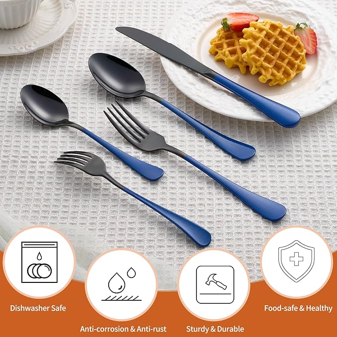 20 Piece Black Blue 18/0 Flatware Utensil Set for 4, Include Dinner Knife,Dinner Forks,Dinner Spoons,Salad Forks,Teaspoons,Silverware Set for 4, Dishwasher Safe