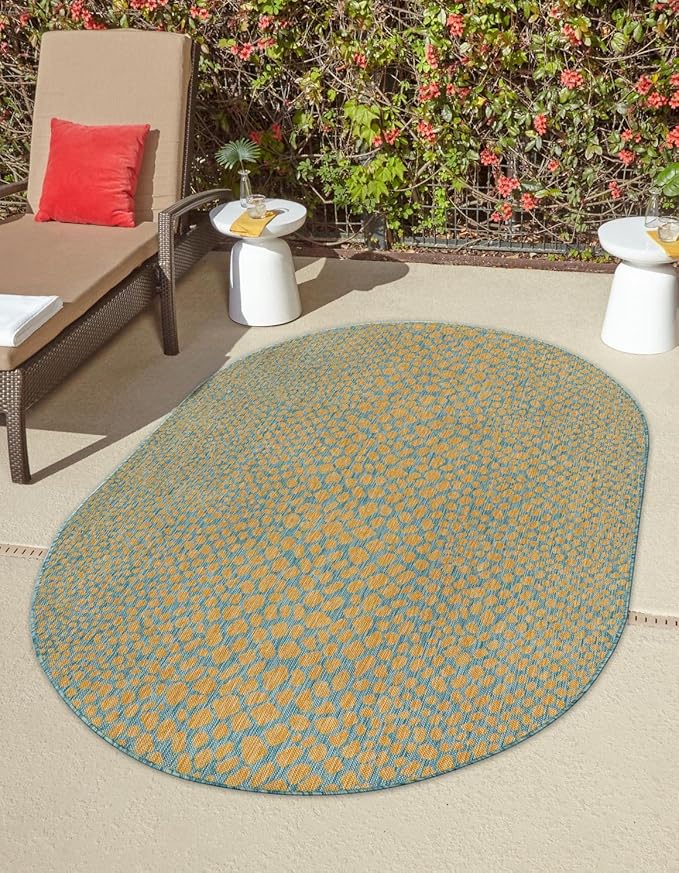 Unique Loom Jill Zarin Jill Zarin Outdoor Collection Area Rug - Cape Town (7' 10" x 10' Oval, Yellow and Aqua/Light Blue)