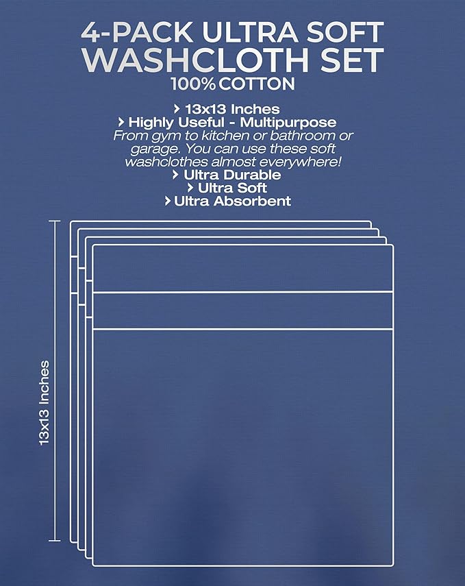 American Veteran Towel, 100% Cotton Turkish Washcloths for Bathroom Essentials 4 Pack, Soft Absorbent Wash Cloths Quick Drying Small Towels Washrags, White