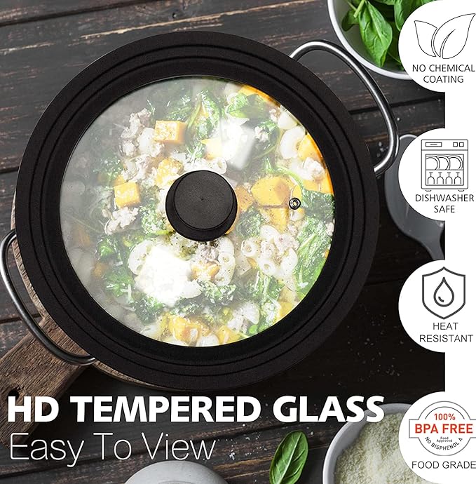 Anaeat Silicone Universal Lid for Pots, Pans and Skillets - Tempered Glass Covered with Heat Resistant Silicone Rim Fits 10", 11" and 12" Diameter Cookware -Easy to Use Replacement Frying Pan Cover