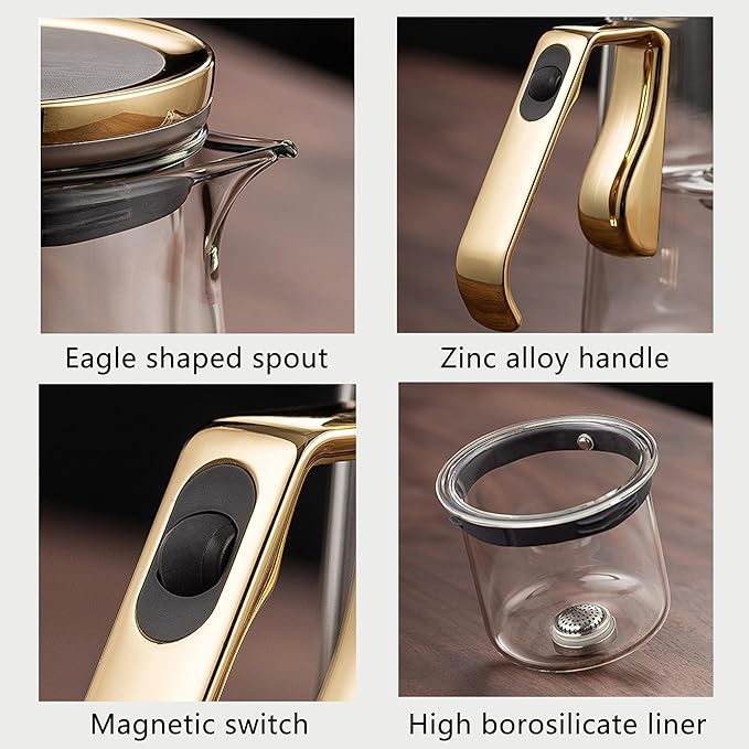 YJX Magnetic Glass Teapot, 25.4oz Small Enchanted Brewing Tea Pot, Witchcraft Magic Borosilicate Tea Set with Strainer for Loose Leaf or Herbal, Exquisite Kettle Gift for Tea Lovers(Golden)