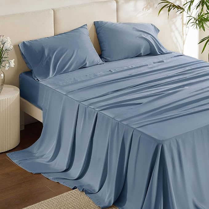 Bedsure California King Sheet Sets, Cooling Sheets, Rayon Derived from Bamboo, Breathable & Soft, Deep Pocket Up to 16 Inches, Hotel Luxury Silky Bedding for Hot Sleepers, Dusty Blue