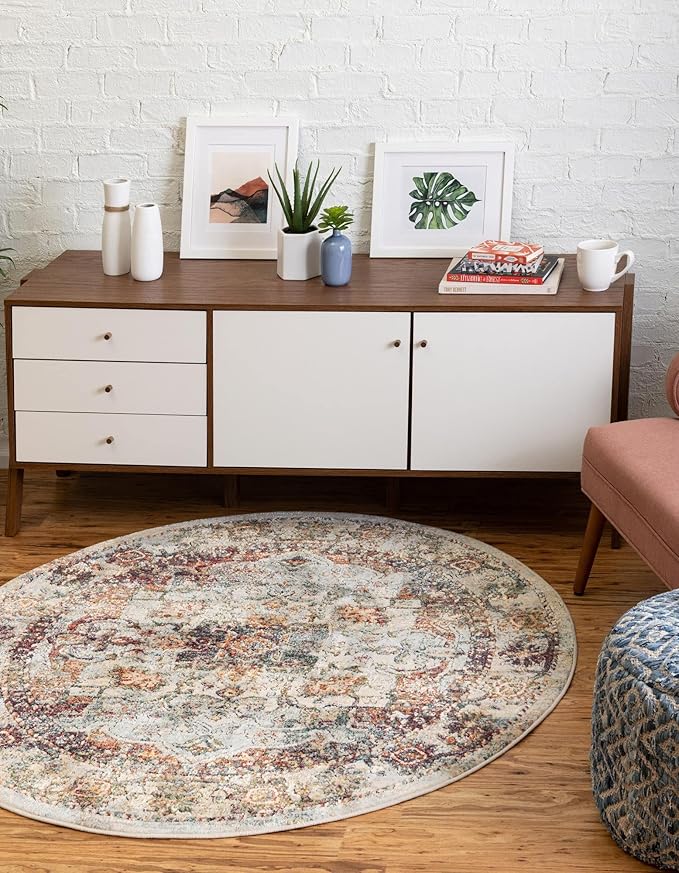 Unique Loom Isabella Collection Area Rug - Adjani (3' 3" Round, Ivory/ Beige)