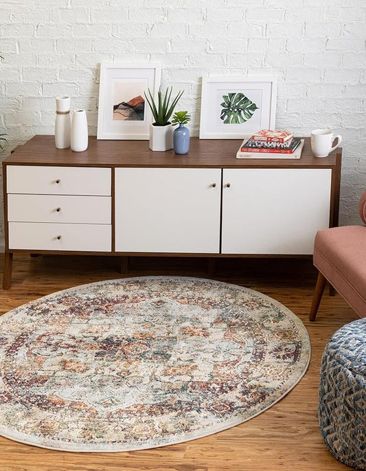 Unique Loom Isabella Collection Area Rug - Adjani (7' 10" Round, Ivory/ Beige)