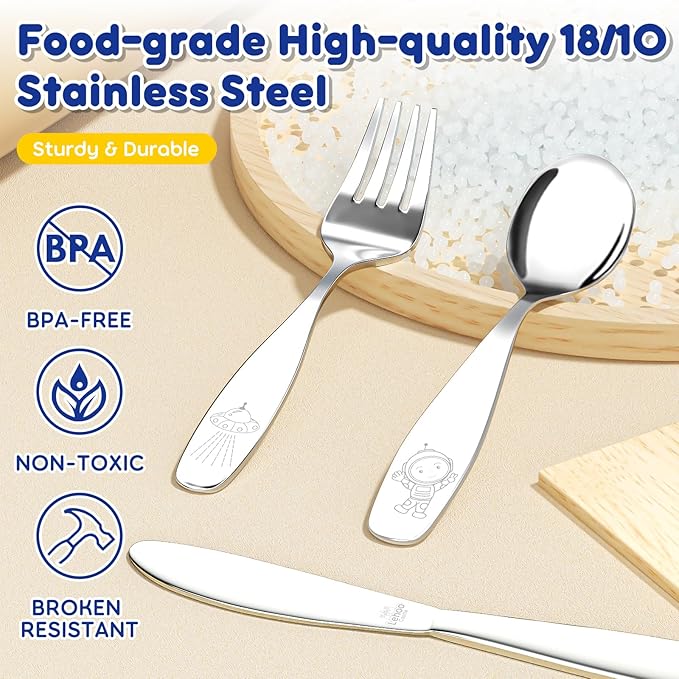 Lehoo Castle Kids Stainless Steel 6PCS Kids Utensils Forks, Spoons and Knives Set, Flatware Set (Space Collection)