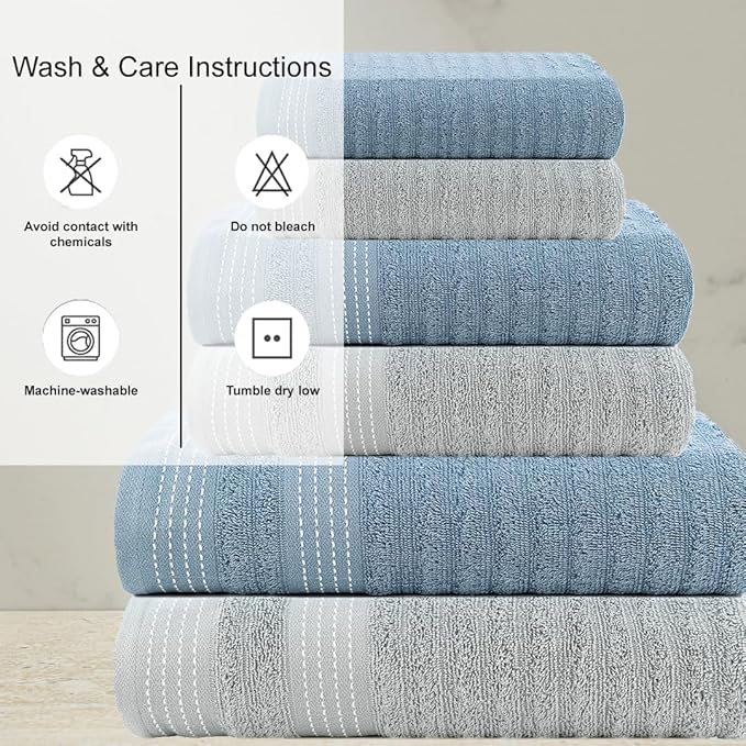 CASA COPENHAGEN Elegance 6 Pieces Towel Set- Grey Violet + Dusty Blue, 550 GSM 2 Bath Towel 2 Hand Towel 2 Washcloth, Designed in Denmark Made of Soft Egyptian Cotton for Bathroom,Kitchen and Shower