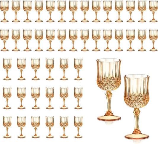 XUWAIDSGN 48 Pcs 7oz Plastic Vintage Wine Glasses Drinking Glasses Unbreakable Wedding Glassware Crystal Water Goblets Reusable Drinkware Vintage Champagne Flutes (48, Amber)