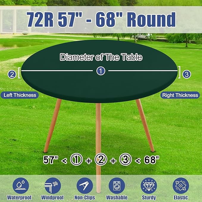 Round Spandex Tablecloth, Elastic Fitted Waterproof Tablecloths for 57"-68" Tables, Stretch Washable Picnic Table Cover for Camping, Dining, Indoor and Outdoor, Hunter Green