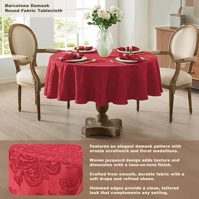 Newbridge Christmas Barcelona Damask Fabric Tablecloth, 90 Inch Round, Red – No Iron, Soil Resistant Table Cover for Dining, Parties and Holidays