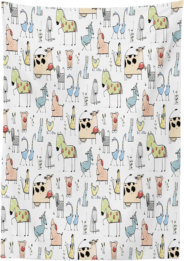 Ambesonne Animal Tablecloth, Cow Horse Pigs Chicken Sheep Farmhouse Mascots Cartoon Print, Rectangular Table Cover for Dining Room Kitchen Decor, 60" X 90", Multicolor