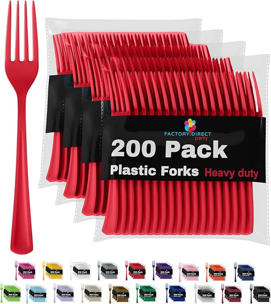 Party Solids Red Plastic Forks 200 Pieces Red Forks Disposable Utensils Heavy Duty Plastic Cutlery Set Disposable Cutlery Sets Flatware Sets Silverware Set Party Supplies & Party Tableware