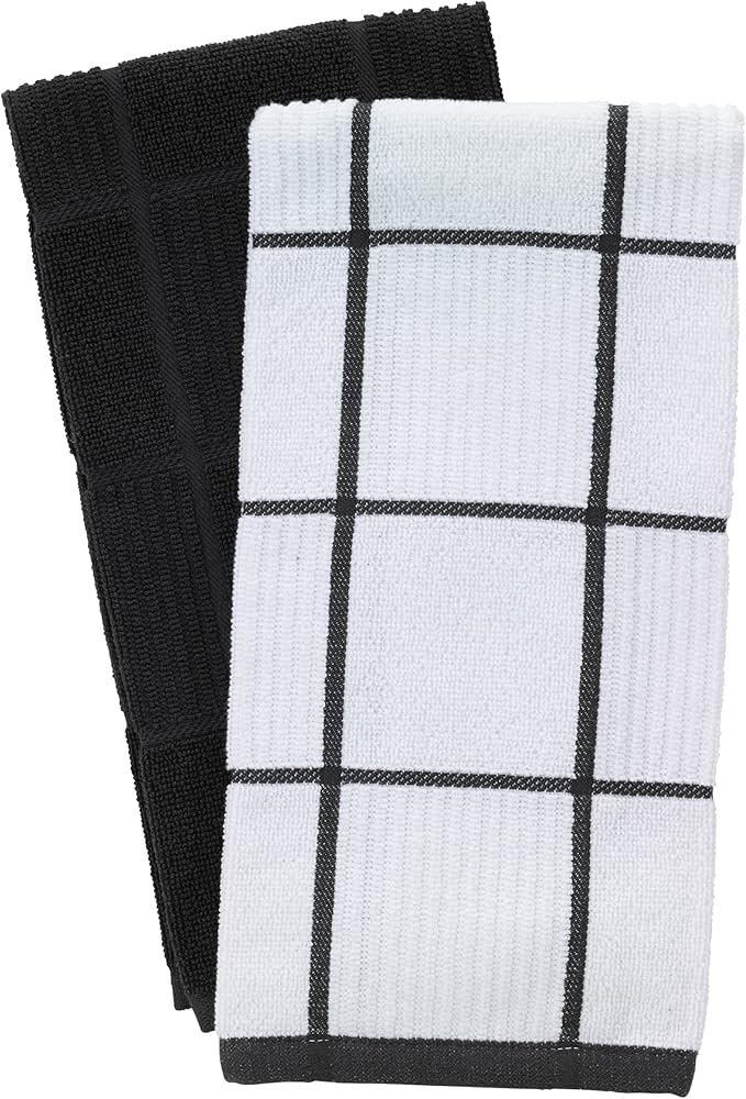 T-Fal Solid & Checked Parquet Kitchen Towels: Highly Absorbent, Super Soft - 100% Cotton, 16"x26" Dish Towels for Cleaning & Drying Dishes, Pans, Glassware, or Countertops, 2-Pack, Charcoal