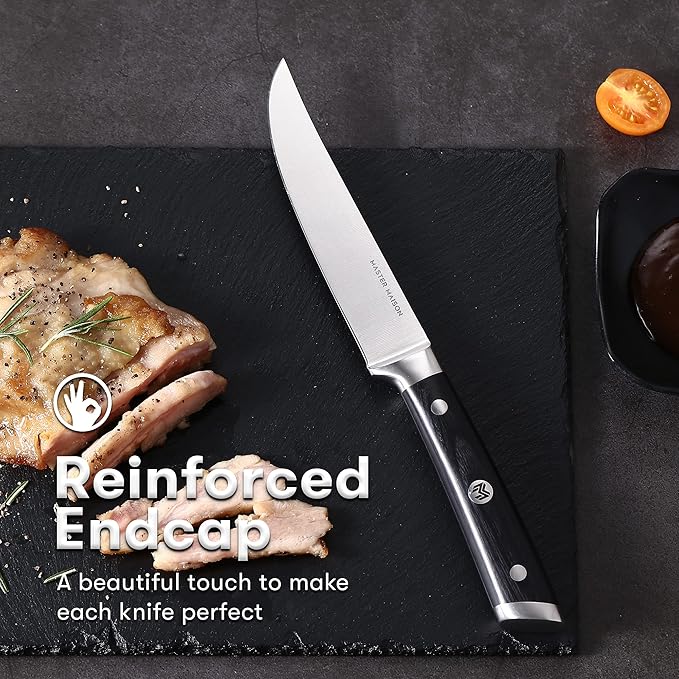 Master Maison 8-Piece 5" Ultra Premium Steak Knife Set | 8 German Non-Serrated Stainless Steel Kitchen Steak Knives + Storage Gift Box | Anti-Fatigue Ergonomic Full-Tang Triple-Riveted Handle (Black)