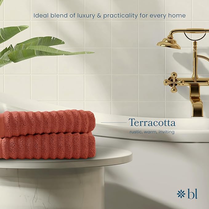 Blue Loom Ribbed Hand 2 Towels Set, 100% Cotton 600GSM, Soft Absorbent Durable Quick Drying for Bathroom - Mason 2 Piece 18" x 30" - Terracotta