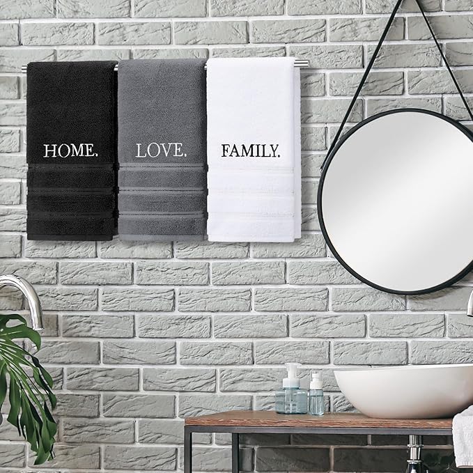 3 Pcs Farmhouse Decorative Hand Towels for Bathroom and Kitchen Rustic Embroidered 100% Cotton Hand Towels Decorative Set for Boho Bathroom Decor(Home Love Family)