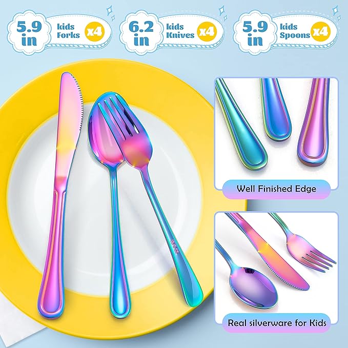 E-far 12-Piece Rainbow Kids Silverware, Stainless Steel Toddler Kids Utensils Safe for Preschooler/Children, Includes 4 Forks 4 Spoons 4 Knife, Slimline Look & Small Size, Rust Free