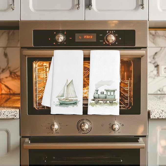 Sage Green Sailboat Steam Train Decorative Hand Towels Gifts, Kids Boys Bathroom Decor, Watercolor Transportation Decorative Dish Hand Tea Towels for Bathroom Kitchen, 16x24 Inch Set of 2