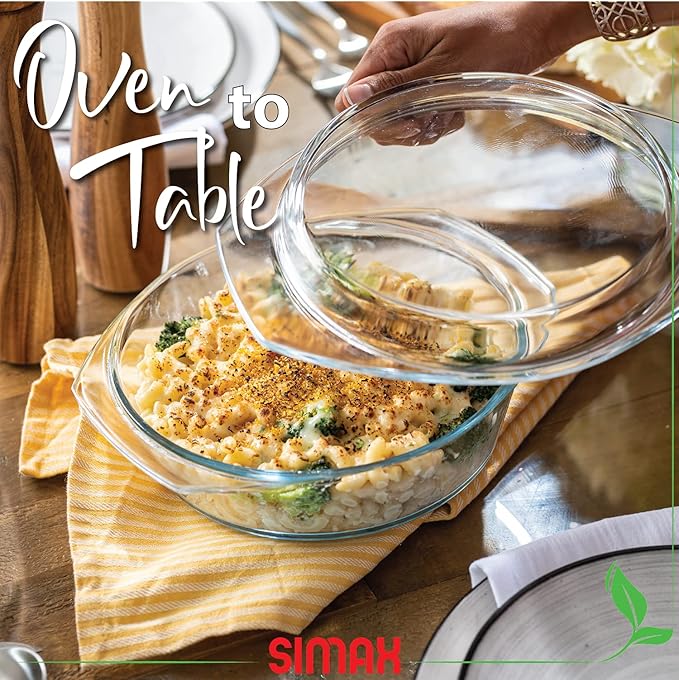 Simax Casserole Dish with Lid, 2 Quart Round Glass Casserole Dishes for Oven with Lid and Handles, Baking Dishes for Oven, Covered Bowl for Cooking, Baking, Serving, Microwave, Dishwasher, and Oven Safe Cookware
