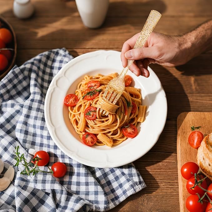 YOUBET 50PCS Gold Glitter Plastic Forks - Heavy Duty Plastic Forks - Solid Durable Gold Glitter Disposable Silverware for Party Picnic Wedding and Daily Use