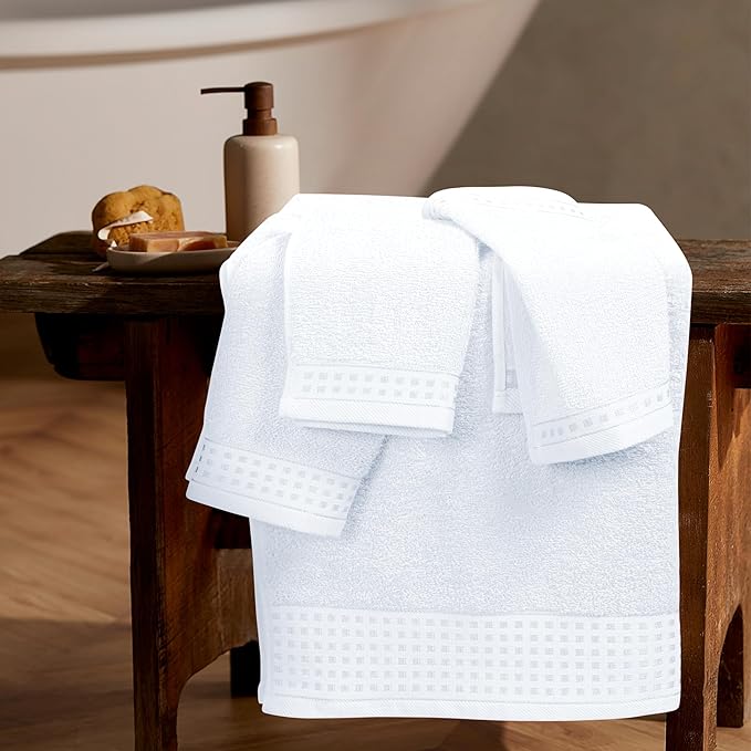 GLAMBURG Ultra Soft 3 Pack Cotton Towel Set, Contains a Bath Towel 28x55 inch, a Hand Towel 16x24 inch & a Wash Coth 12x12 inch, Ideal Everyday use, Compact & Lightweight - White