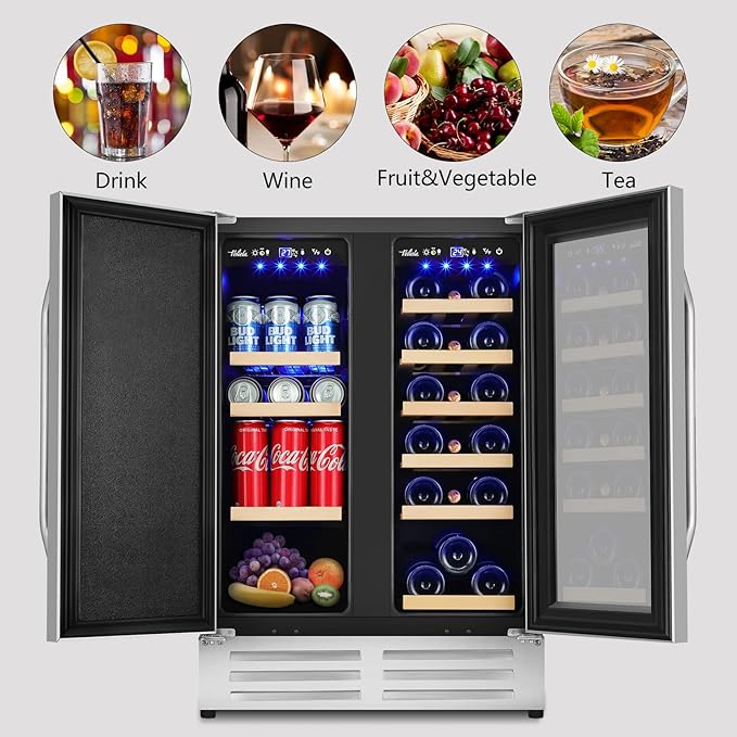 Wine and Beverage Refrigerator,24 Inch Dual Zone Wine Beverage Cooler, Built-in/Freestanding Beer and Wine Fridge with a Powerful Compressor, 20 Bottles and 88 Cans Capacity