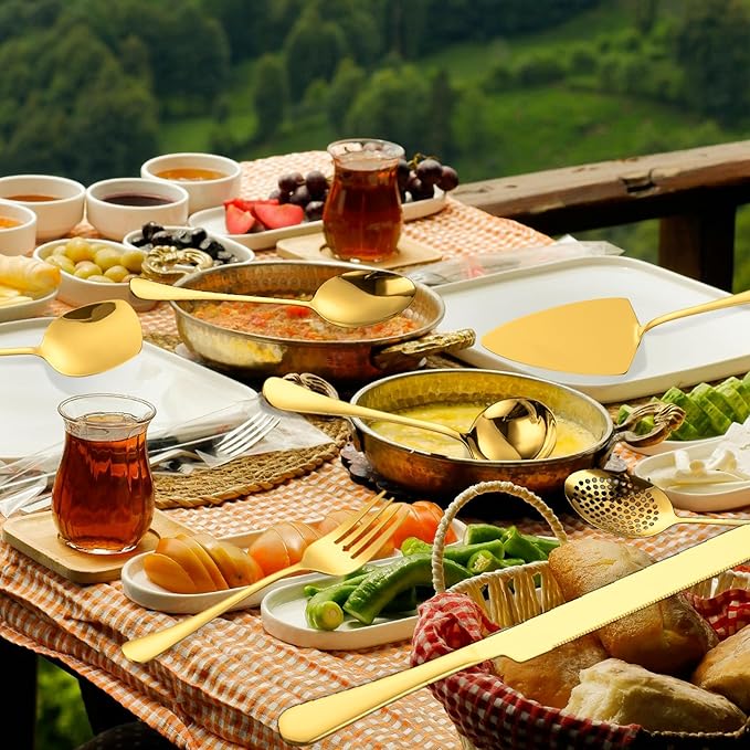 HOUSEWARE Gold Catering Utensils Set,11 Pieces Stainless Steel Flatware Serving Set for Buffet Party include Cake Knife Cutter Large Fork Spoon ladle Skimmer Spatula Turner Server