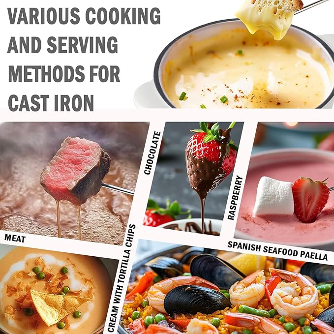 Artestia Cast Iron Fondue Pot Set for Chocolate Cheese Swiss Fondue Set for Meat with 6 Fondue Forks, Cheese Camping Fondue Set Serve 6 Persons(White)