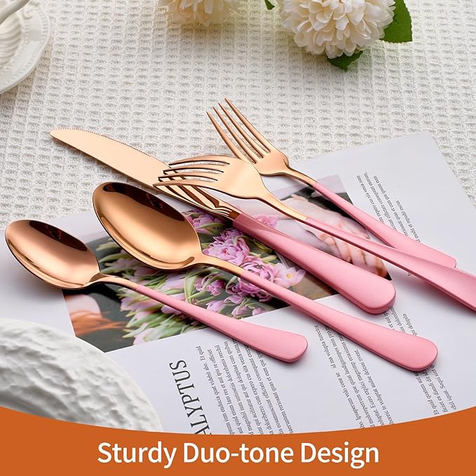 20 Piece Rose Gold Pink 18/0 Flatware Utensil Set for 4, Include Dinner Knife,Dinner Forks,Dinner Spoons,Salad Forks,Teaspoons,Silverware Set for 4, Dishwasher Safe