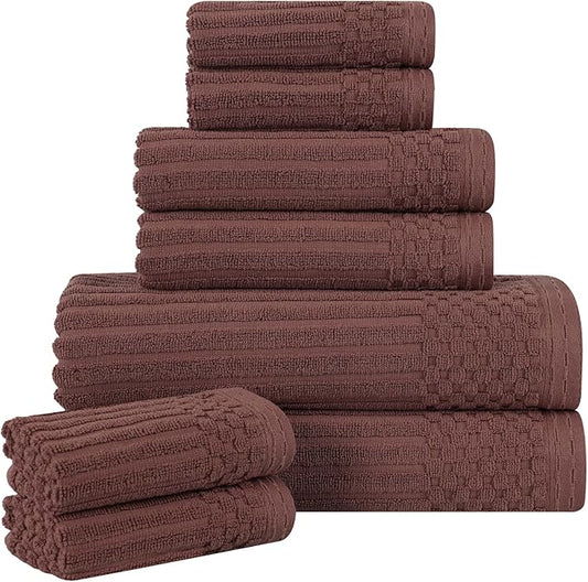 Cotton 8-Piece Solid and Ribbed Towel Set, Face Towels 13” x 13”, Hand Towels 16” x 28”, Bath Towels 27” x 54”, Java by Superior