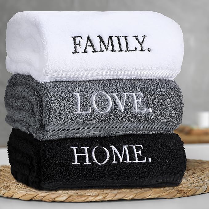 3 Pcs Farmhouse Decorative Hand Towels for Bathroom and Kitchen Rustic Embroidered 100% Cotton Hand Towels Decorative Set for Boho Bathroom Decor(Home Love Family)