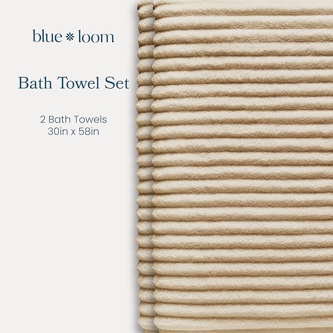 Blue Loom Ribbed Bath Towels Set, 100% Cotton 600 GSM, Soft Absorbent Durable Quick Drying 2 Bath Towels for Bathroom - Mason Set of 2 Ivory Beige (58" x 30" Inch)