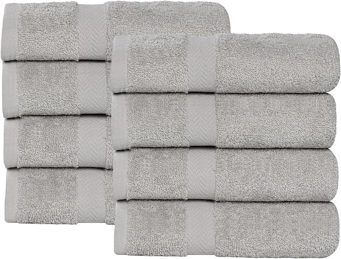 Superior 8-Piece Cotton Hand Towel Set, Small Towels for Fast Dry, Home Essentials, Bathroom Decor, Face, Body, Spa, Resort, Gym, Lightweight, Soft, House Accessories, Franklin Collection, Silver