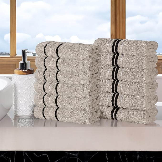 Superior Cotton Face Towel/Washcloth Set, Small Facial Towels, Spa, Hotel, Guest, Home, Bathroom Basics, Plush Soft Absorbent, Luxury Quick Drying, Zero Twist, Assorted Floral Set of 12, Stone