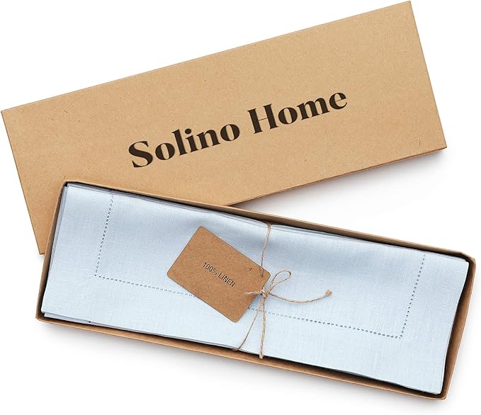 Solino Home Linen Cloth Placemats Set of 6-100% Pure Linen Hemstitch Light Blue Placemats 14 x 19 Inch - Classic Hemstitch Table Place Mats for Winter, New Year