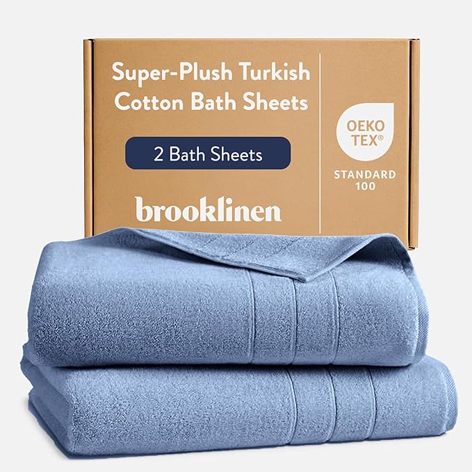 Brooklinen Super-Plush Turkish Cotton Bath Sheets - Set of 2 - Cotton, 820 GSM, Highly Absorbent, Machine Washable, Perfect for Home & Bathroom (40" x 65", Ocean Blue)