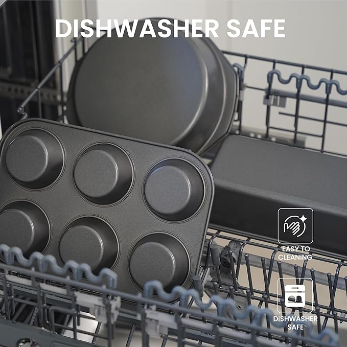 LISI 7 Piece Baking Pans Set Non Stick, Heavy-Duty Carbon Steel Oven Pan Set Include Muffin Pan, Loaf Pan, Cake Pan & Roasting Pan, PFA Free Non Toxic Make a Great Gift for Family