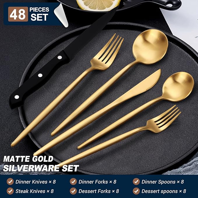 EUIRIO 48-Piece Matte Gold Silverware Set with Steak Knives, Gold Flatware Set for 8, Stainless Steel Forks and Spoons Silverware Sets, Gold Cutlery Utensils Set, Satin Finish & Dishwasher Safe
