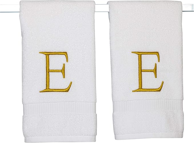Monogrammed Hand Towels for Bathroom - Luxury Hotel Quality Personalized Initial Decorative Embroidered Bath Towel for Powder Room, Spa - GOTS Organic Certified - Set of 2 Gold Letter E