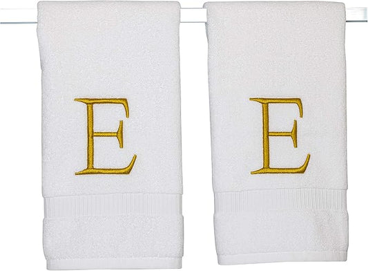 Monogrammed Hand Towels for Bathroom - Luxury Hotel Quality Personalized Initial Decorative Embroidered Bath Towel for Powder Room, Spa - GOTS Organic Certified - Set of 2 Gold Letter E
