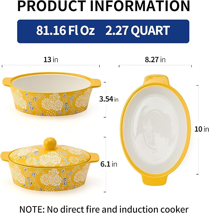 Ceramic Casserole Dish With Lid, Casserole Dishes for Oven, Baking Dish Lasagna Pans For Cooking, Oval Baking Pan, Dutch Oven, Perfect for Bread Baking and Serving, Housewarming, Christmas - Yellow