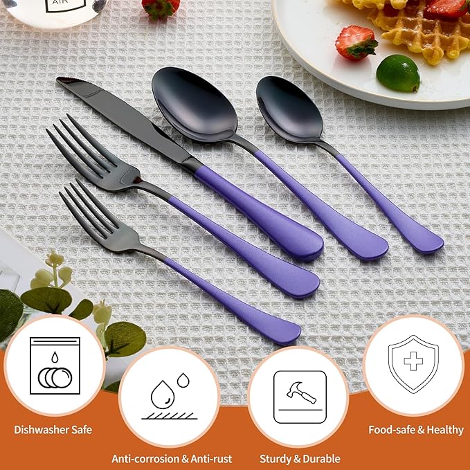 20 Piece Black and Purple 18/0 Flatware Utensil Set for 4, Include Dinner Knife,Dinner Forks,Dinner Spoons,Salad Forks,Teaspoons,Silverware Set for 4, Dishwasher Safe