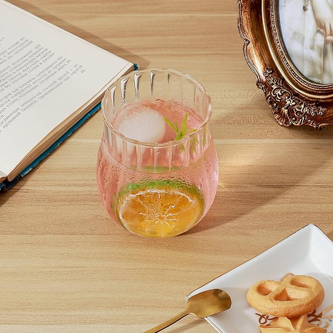 Koythin 2-Piece Ribbed Glass Cups, Vintage Drinking Glassware for Iced Coffee Juice Cocktails Milk Tea Beer, 10 oz/300 ml Cute Bubble Cup with Rounded Shape (Oval Tulip)