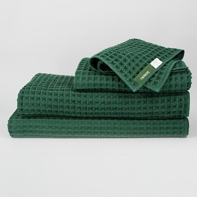 Luxury Organic Japanese Cotton Waffle Bath Towel | Thick, Absorbent, Quick Dry Bathroom Towels for Shower, Sauna, Onsen| Hotel & Spa Quality, Gift-Ready (Forest Green, Complete Set (4-Piece))
